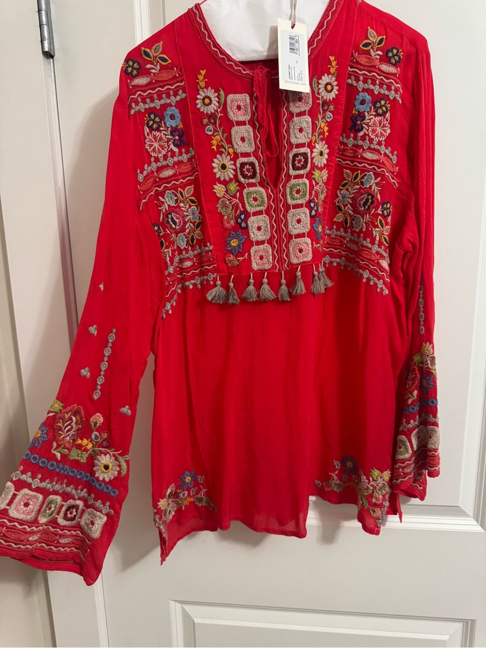 Johnny Was Red Floral Embroidered V-Neck Tunic - Picture 2 of 6